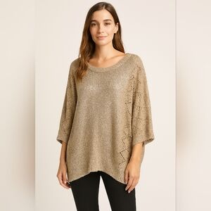 Lauren Mitchelle holiday party Boho Relaxed 1X Gold Glitter Mesh‎ Sweater top